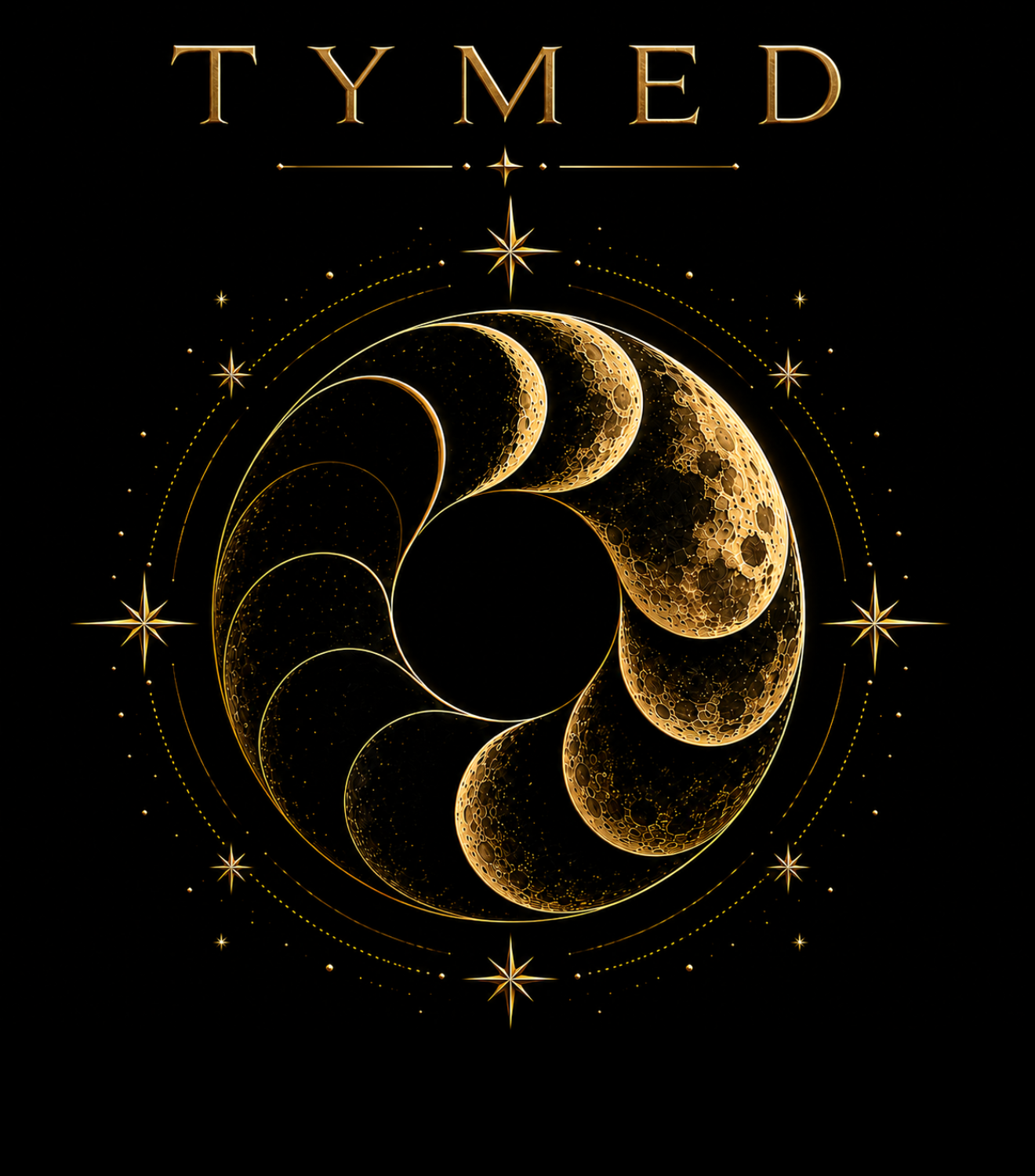 TYMED wordmark above the gold moon phase seal