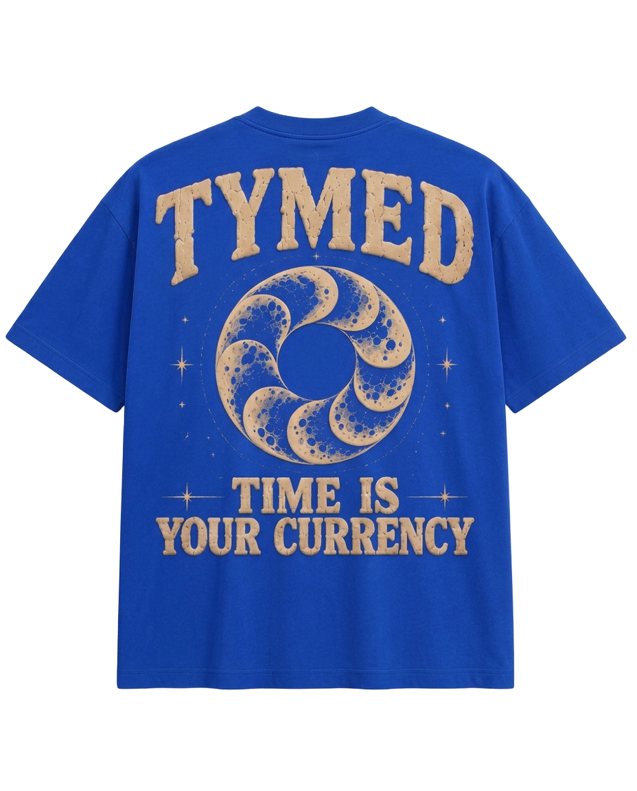 TYMED cobalt blue boxy tee with puff print Time Is Your Currency back graphic