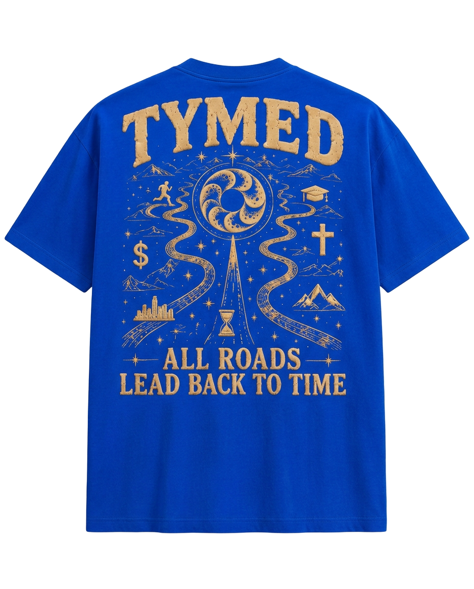 TYMED cobalt blue boxy tee with All Roads Lead Back To Time puff print